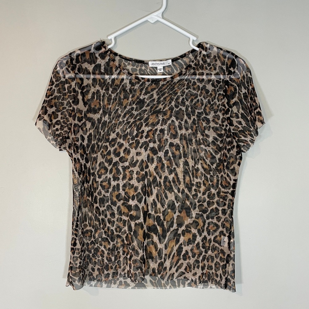ANTISTAR Womens Leopard Print Sheer Mesh Y2K Short Sleeve Top Brown Size M